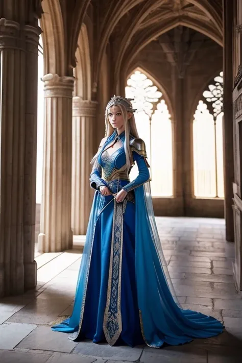 「Picture a scene where an elf female warrior in blue armor 、Picture a scene where youre standing with a big sword in a luxurious castle hall。 is standing with a large sword in a gorgeous castle hall with high arches and beautiful columns in the background ...