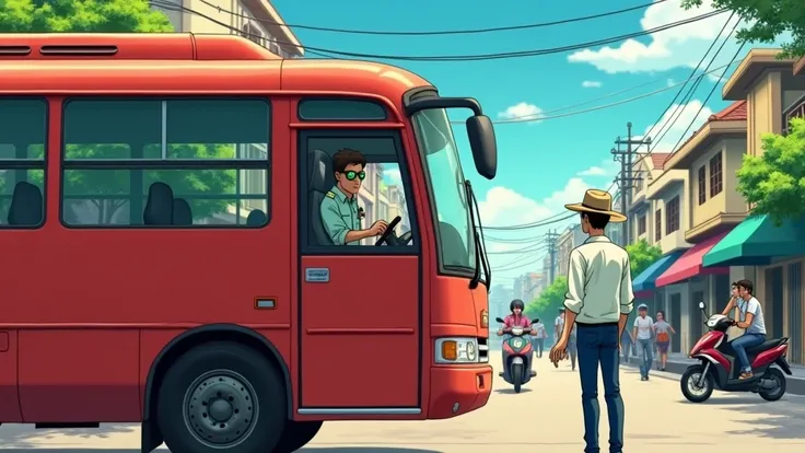 An anime-style scene in a 16:9 aspect ratio showing a red bus in a Southeast Asian setting without any emergency lights. The bus driver, wearing a uniform and sunglasses, is seated inside the bus at the drivers seat. Outside the bus on the right side, a ma...