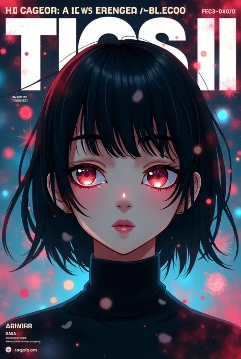   The word TICS II stands out in the cover image of an AI magazine with black hair, Torn brown eyes  ,  creative and colorful ,  full body  