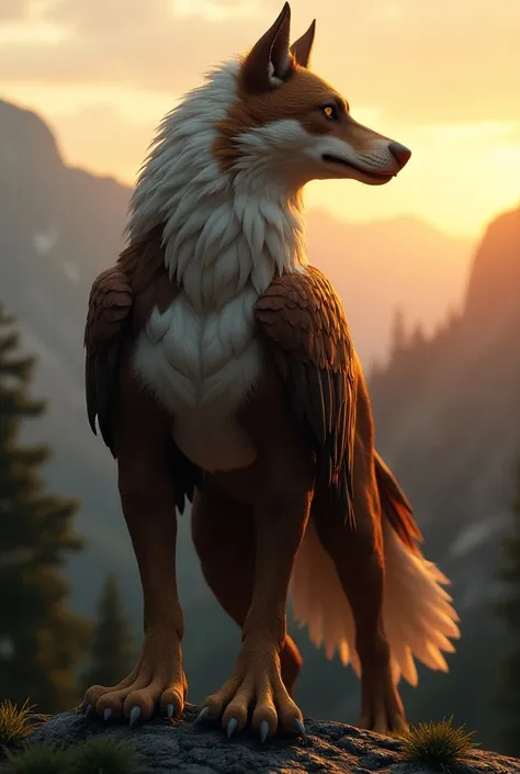 Create an 8k resolution image of a giant, majestic dog-like creature representing America. The creature has features inspired by a bald eagle and American iconography, with a muscular, proud stance. Set it against a grand landscape of American mountains an...