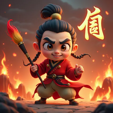  looks very ferocious while holding a fangtian painter， as if Zhao Zilong was alive，Doing a challenge pose ，3d cartoon，Chinese elements， with angry flames in magma in the background。 is stamped with the English letter “Qin” in the upper right corner，Integr...