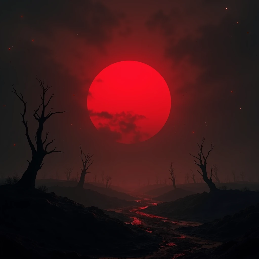 The dark sky and red sun.