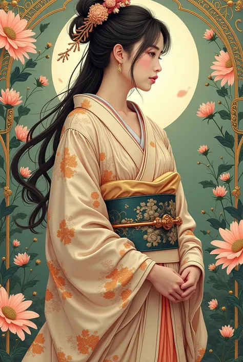 A highly detailed portrait of a sly character wearing traditional Japanese clothing inspired by Rishosai Choki, in an Art Nouveau setting. The figure stands amidst a lush garden, intricately crafted in 8k with ornate floral designs weaving around them. The...