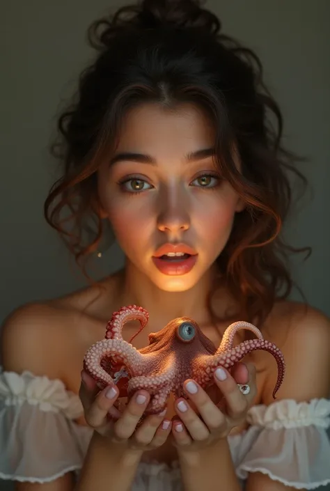 beautiful young woman with curly hair is holding octopus her hand she is looking octopus with surprise wonder