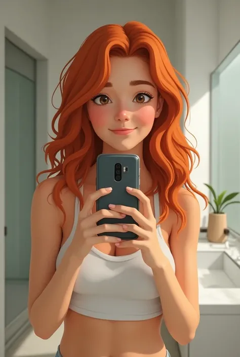 A red-haired girl taking a full-body selfie in front of the mirror 