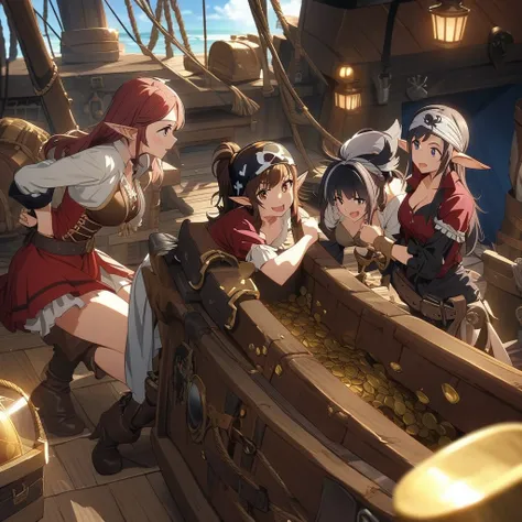 Anime, high detailed, a full girls pirate team,  multiple girls, pirates ship, pirates clothes, long spiked hair, elf ears, pirates crew, one of them using a pirate headband, treasures chests between them, their hands dripping with diamonds