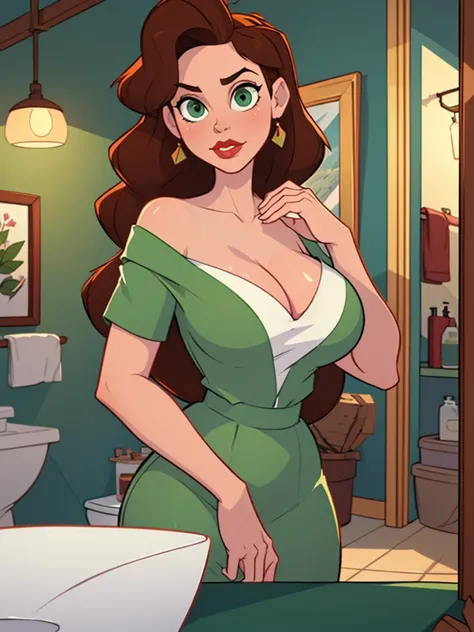 masterpiece, best quality, highres, anniehughes, green eyes, brown hair, red lips, bathroom, towel, giant sized breasts