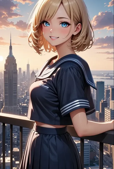 Beautiful woman,   1 girl,  standing on the roof of a building , Charming, ＪＫ, (((smile, blonde:1.2, Bob with his bangs down ))),   sailor suit,   dark blue pleated skirt ,   is standing,   cowboy shots :2, (( Show off Your Face :1.6)),   detailed face , L...