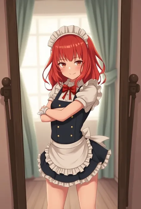 A red-haired girl taking a full body selfie in front of the mirror wearing maid clothes 