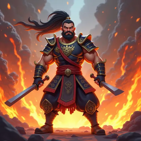 , holding a square sword looks very ferocious， as if Zhao Zilong was alive，Always ready to kill an opponent ，3d cartoon， with angry flames in magma in the background。