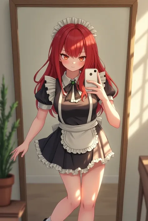 A real red-haired girl taking a full body selfie in front of the mirror in maid clothes 