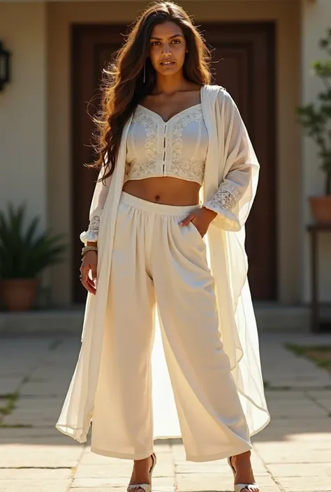 woman outside home wearing Sexy  Womens Cotton Blend Straight Kurta Pant Set With white Dupatta, curvy model, beautiful model girl, perfect body, sexy girl, wearing tight shirt, lovely woman, brown hair and a perfect body, very attractive and beautiful, be...