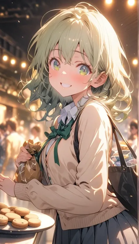 masterpiece, Best Quality,   Highly Detailed CG Unity 8K Wallpaper ,   High School Girl Animated Illustration  . high school、 Wear a fluffy beige mohair cardigan , white shirt and green ribbon uniform 、 and a cardigan on top She is wearing a fluffy black p...