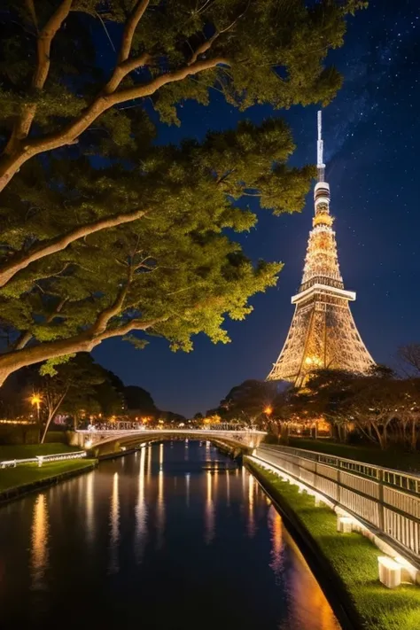 「 centering on a large Christmas tree with a star-shaped top shining in the night sky 、Trees with colorful illuminations in the surroundings 々Lined up、 Please draw a landscape where the Rainbow Bridge and Tokyo Tower are beautifully illuminated in the back...