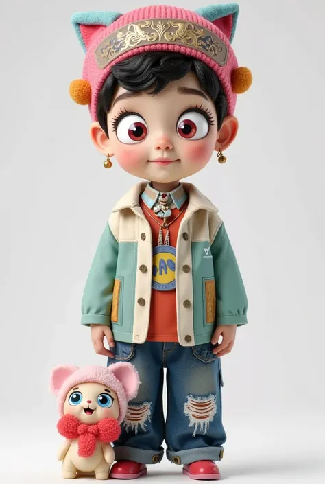  cute cartoon boy，Toy Doll，Adorable headdress ， upper body，，Trendy clothing，Standing，3D Rendering，Immovable mode， detailed details，Clothing material details