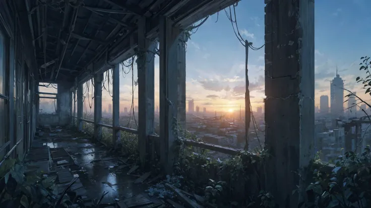 A serene post-apocalyptic paradise, breathtaking and surreal decay reclaimed by nature, overgrown ruins covered in soft greenery, flowers blossoming on abandoned buildings, trees and vines overtaking empty streets, sky aglow with sunset hues, warm light ca...