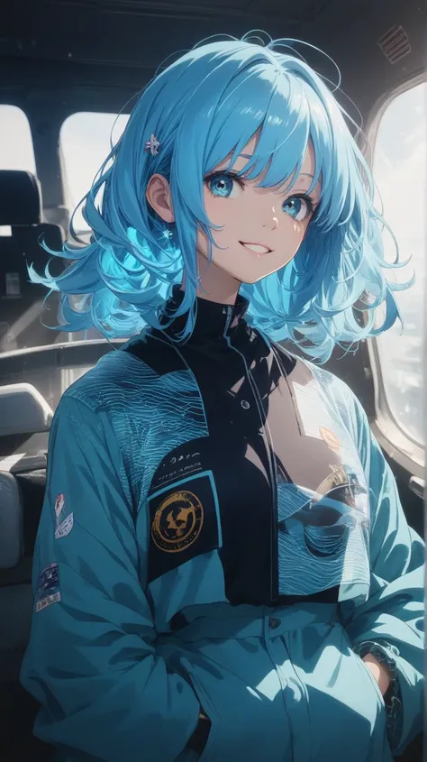 An anime girl with pastel blue hair styled in loose waves that fall just past her shoulders, highlight the face, dressed in a stylish, fitted black button-down shirt with subtle neon blue piping along the seams. She stands with a relaxed posture, her hands...