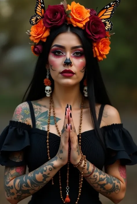  woman dressed up as Catrina Mexicana praying ,  black hair crowned with flowers and roses and monarch butterflies,  earrings themed with skulls and feathers , traditional black dress . tattooed arms, In her hands a rosary .