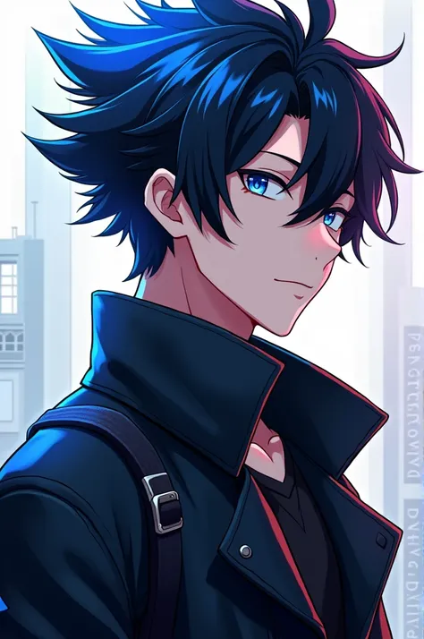 25-year-old anime boy with black hair and a blue tuft and blue eyes and a black jacket 