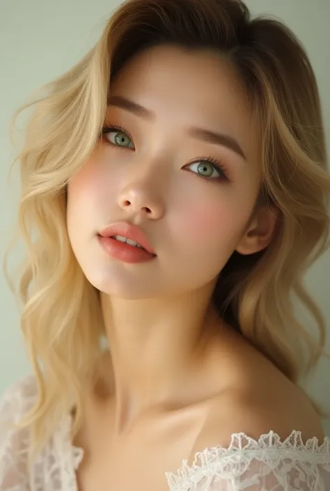 Make up Korean Perfect face blonde hair full lips green eyes fashionable mix of korean and russian features