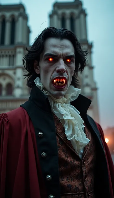 "A French man transformed into a vampire, exuding an air of regality and terror. His skin is pale, almost ghostly, with sharp, elongated fangs gleaming as they protrude from his slightly parted, blood-stained lips. His eyes glow with a menacing red, filled...