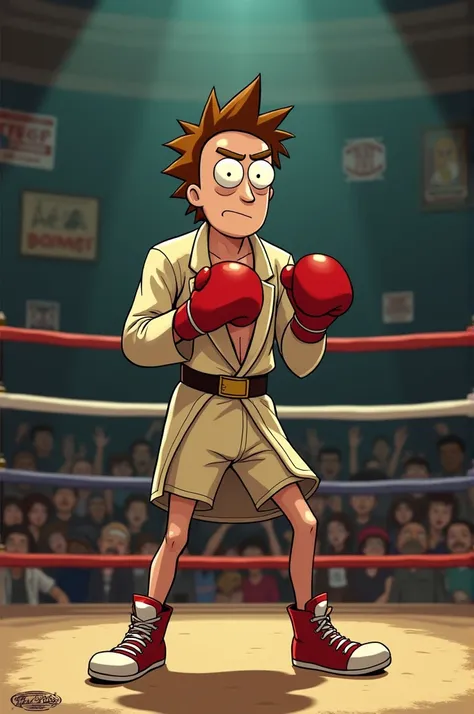  Imagine Morty from the series " Rick and Morty " as a boxer with the original cartoon style of the animated series 