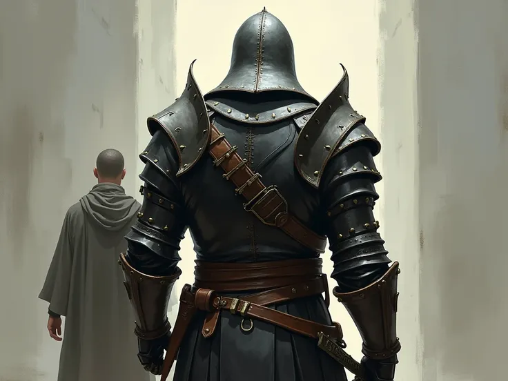 digital painting, medieval, fantasy, back view of a character with armor and a studded hood with one arm behind his back and holding a dagger. In front of him, another character seen from behind in a mages tunic