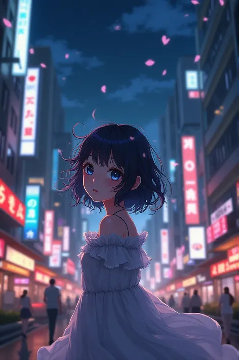 Make an anime girl in the city at night