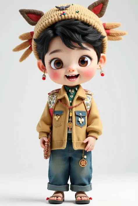  cute cartoon boy，Toy Doll，Adorable headdress ， upper body，，Trendy clothing，Standing，3D Rendering，Immovable mode， detailed details，Clothing material details