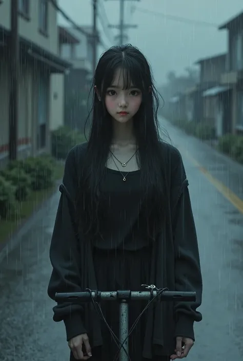 on clear rode, Realistic like a photo, late teen girl standing alone with scooter, wearing black cardigan, long black hair, wet hair, raining, sad atmosphere, crying, alone, dark atmosphere 