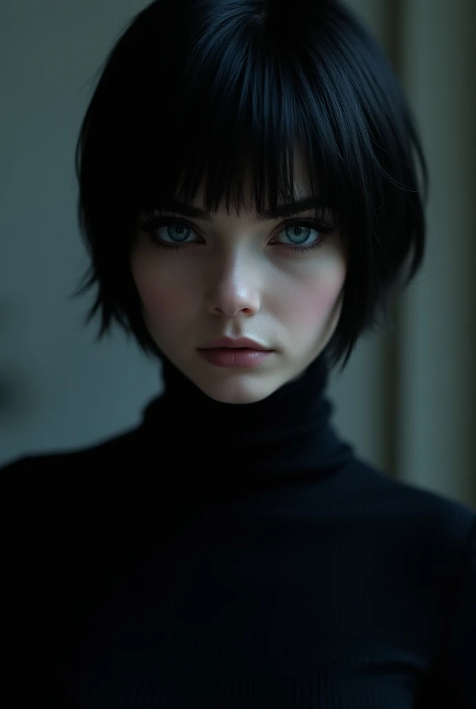 a goth girl with dark blue eyes and black pixie cut in a turtleneck