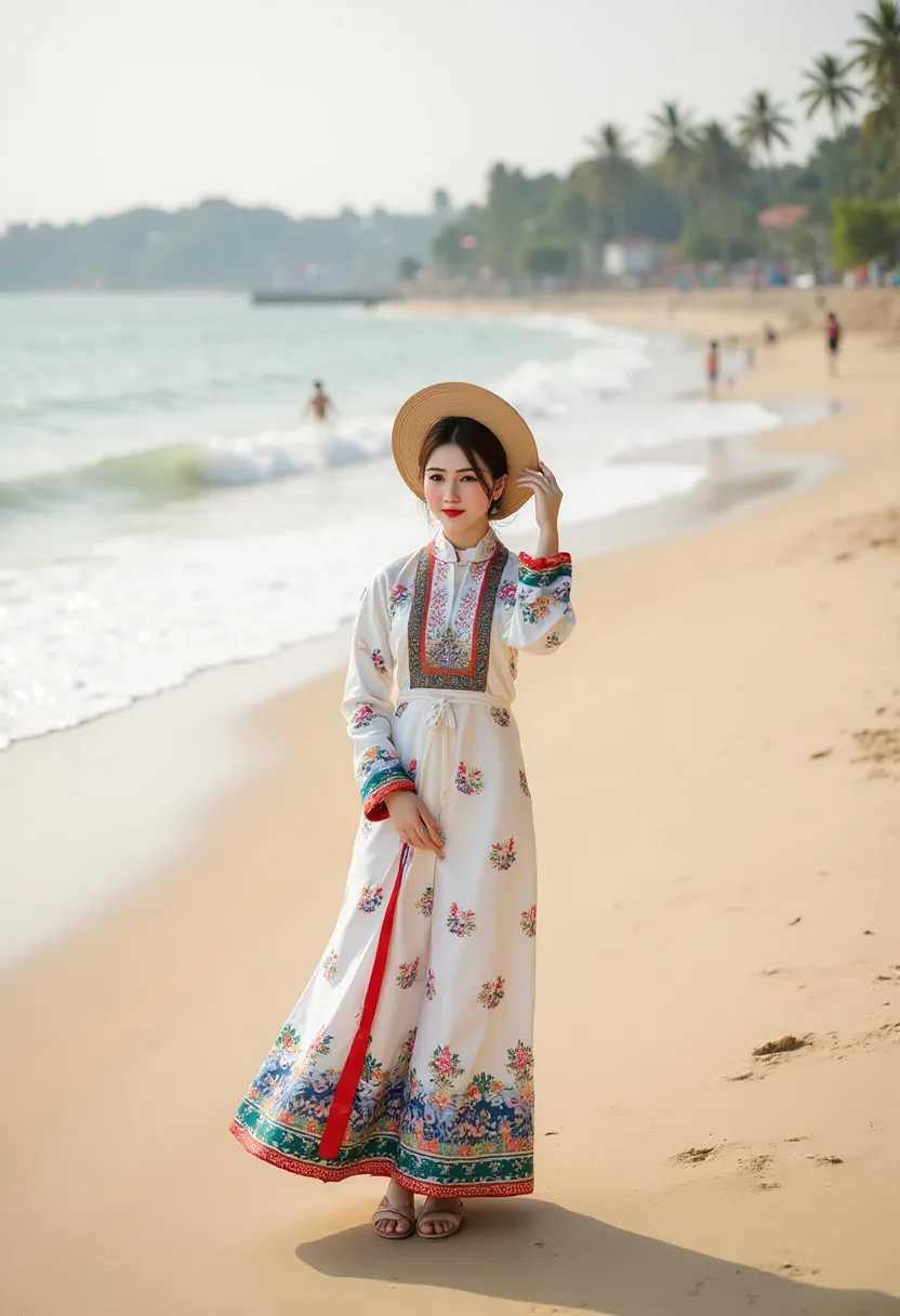 truyenthongvn, vietnamese traditional costume, lisamy, beautiful woman is posing on nha trang beach, full body view