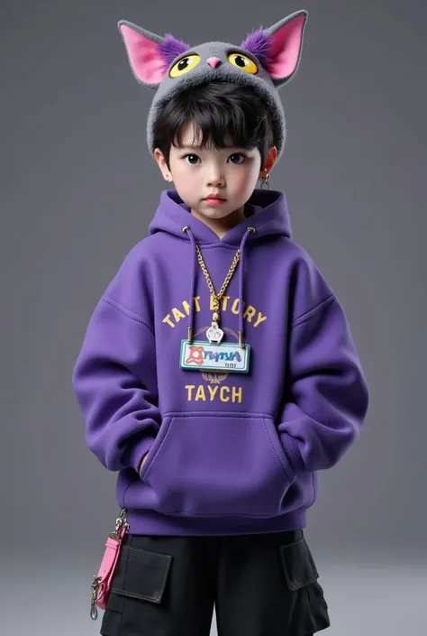 1 boy, detailed face, black hair, black eyes, short hairstyle, standing pose, hoodie jacket, long sleeves, shoes, full body view, audience, headdress, purple hoodie, ridiculous results, hyper-realistic, photorealistic, 8k, highly detailed, studio lighting,...