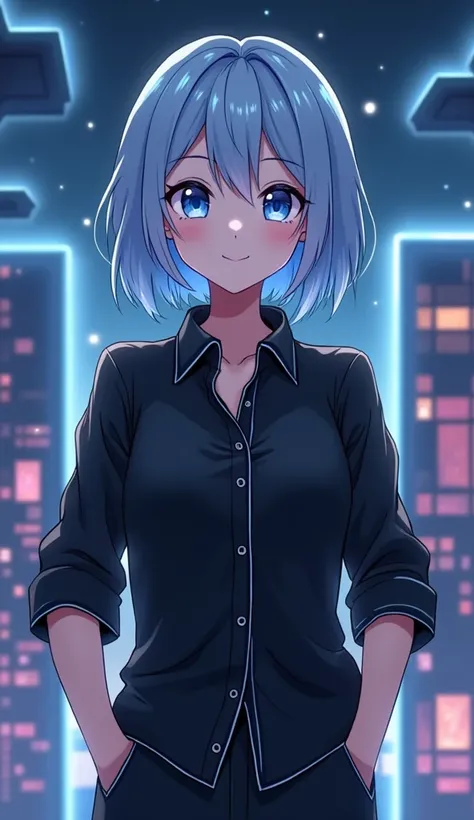 An anime girl with pastel blue hair styled in loose waves that fall just past her shoulders, highlight the face, dressed in a stylish, fitted black button-down shirt with subtle neon blue piping along the seams. She stands with a relaxed posture, her hands...