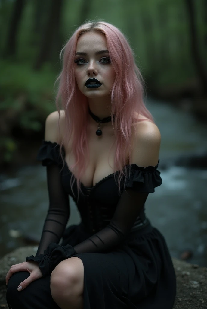 (photorealistic, raw, film photo, unsaturated) portrait of beautiful young woman, witch in dark woods sitting by a stream on a rock, sharp focus on face, detailed features and eyes, black corset, cleavage, long pink hair, large breasts, heavy make-up, blac...