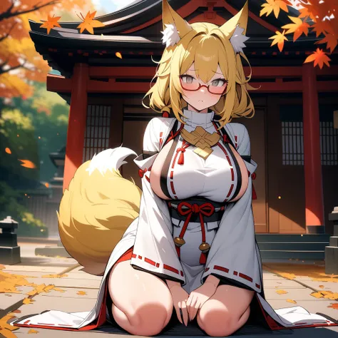 (masterpiece,best quality,very aesthetic),(ultra-detailed),high saturation,1girl,solo,curvy,large breasts,thicc,(one fox tail,blonde fox ears,medium hair,low ponytail,blonde hair,messy hair,under-rim glasses),sideboob,long sleeves,gray eyes,(white luxuriou...