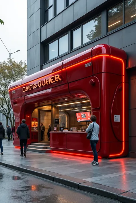  Retro futuristic coffee booth and metal and red should match. Take a photo of the exterior 
Do it not in the form of a car but in the form of a store on the first floor of the building 
More such options 