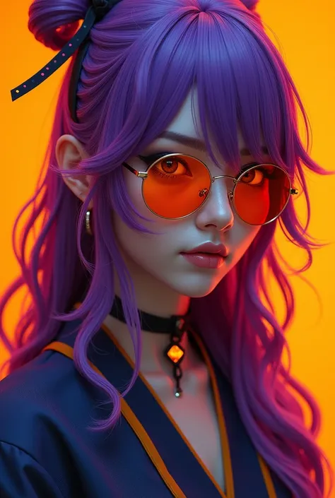 raiden shougn, purple hair, purple eyes, a girl wearing trendy orange sunglasses , with an orange background, portrait