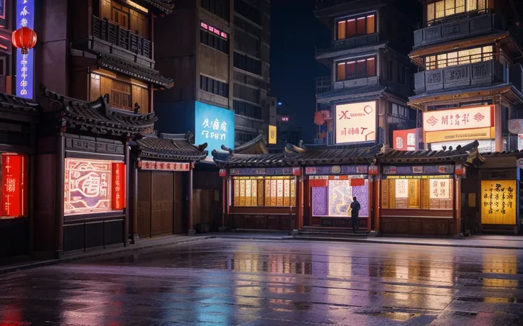 ((New Chinese architecture)), ancient architecture, no people, architecture, East Asian architecture，this is a high-resolution photo of a new Chinese style building located in a bustling city. The building facade is illuminated by vibrant blue, purple, and...