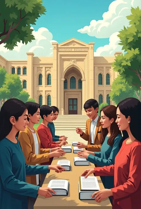  
The image features the building of Samarkand State Institute of Foreign Languages in the background, with students and teachers engaged in learning. Hands offering help (holding money or books) symbolize the charity project. Green spaces and warm colors ...