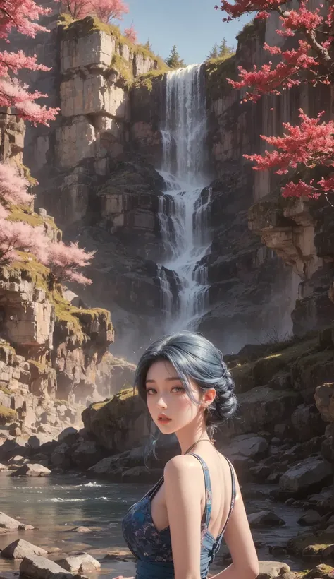 1girl, Solo, High Resolution,1girl, Solo, High Resolution, Blue eyes, Closed Mouth, Blue Hair, 8K Octane, wearing blue dress, Behind waterfall, Behind Pink Sakura trees