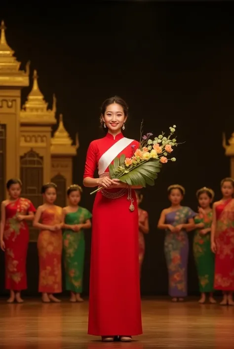  at night,  on a stage with a backdrop of golden Thai houses . Thai girl,  She is holding a beautiful cock made of flower-adorned leaves and 1 Candles.  She wears a traditional Thai dress in red , Belt and gold jewelry , , a white ribbon sign for a beautif...