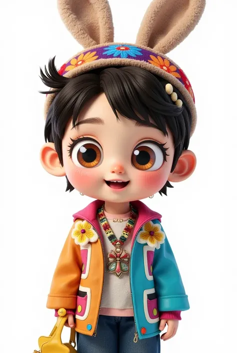 cute cartoon kid，Adorable headdress ， upper body，，Trendy clothing，Standing，3D Rendering，Immovable mode， detailed details，Clothing material details