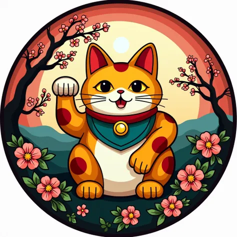 Art style vector art. Art style stain glass. Shape circle. The subject and center focus of the image is a chinese lucky cat. The cat should be in the center and be raising one paw. The image should be cut up into geometric shapes like stain glass. The imag...