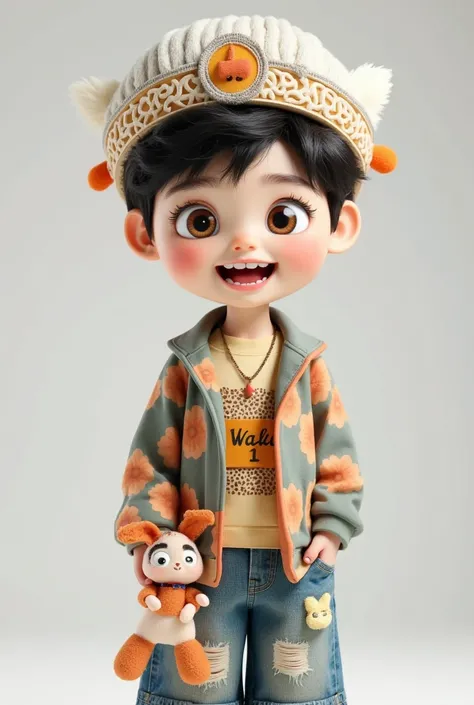  cute cartoon boy，Toy Doll，Adorable headdress ， upper body，，Trendy clothing，Standing，3D Rendering，Immovable mode， detailed details，Clothing material details