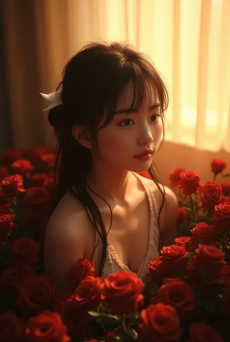  A girl surrounded by black roses , ， The sun is shining through the window, Create a warm and comfortable atmosphere . She was wearing wet pajamas, Asian Myanmar Girls,  actual ,  Best Quality , photo- actual  8k, ( Best Quality :1.1), masterpiece, ( actu...