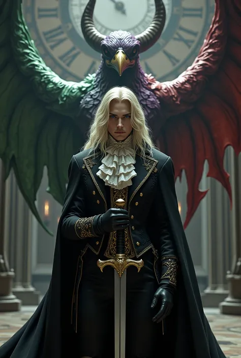 ((hyperrealism)) alucard, With his sword , (Castlevania)  in black Victorian clothing , with gold details,  ruffled white throat , ((photographic)) overcoat jacket,  with a large folded collar ,  Victorian coat ,  wavy hair , light blond, very long,very lo...