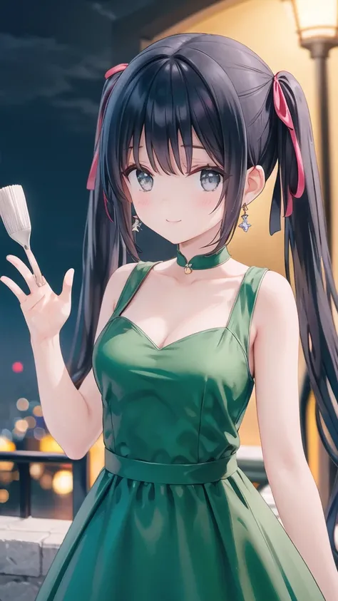 (masterpiece, highest_quality), very be familiar with cg unity 8k wallpaper, wonderful_Are you okay_figure, BREAK 1girl, (((grey eyes))), ((twintails, hair ribbon)), ((medium breasts)), long hair, wide hips, (((black hair))), (shy smile), anime style 4k, b...