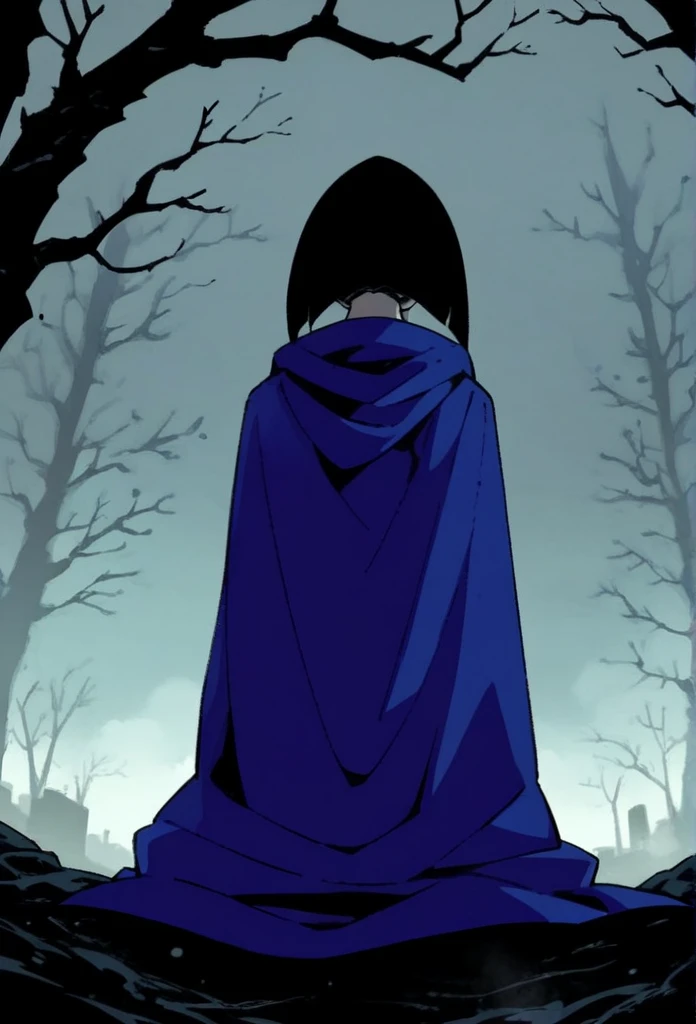 1girl, solo, raven (dc), purple eyes,  purple hair, grey skin, forehead jewel, blue cape covering whole body, long blue cape, ca...