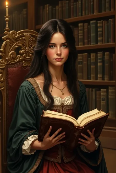 Medieval painting . An older brunette girl sits in a luxurious library with an open book and reads. 